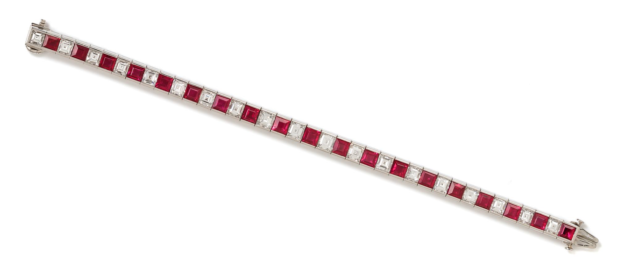A Platinum, Ruby and Diamond Line Bracelet, 22.65 dwts.