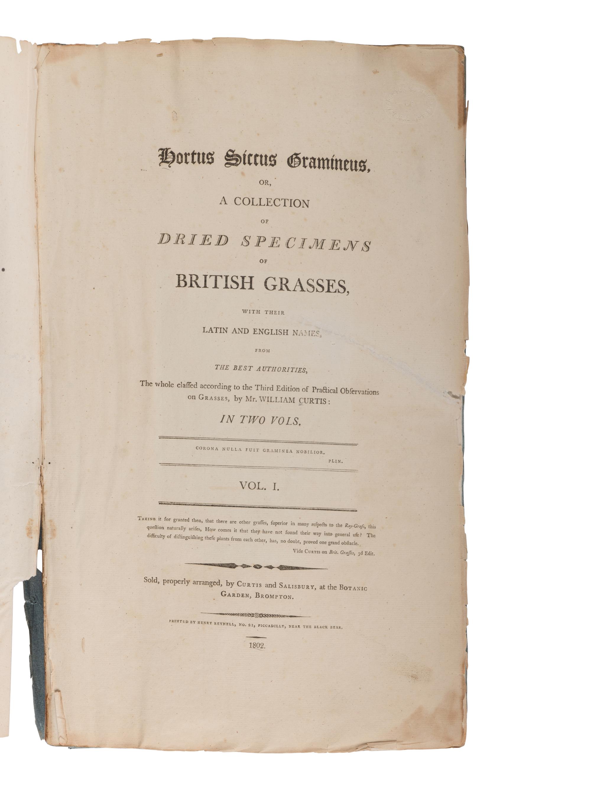 [NATURAL HISTORY - SPECIMEN ALBUMS]. CURTIS, William and William SALISBURY. Hortus siccus gramineus or, a collection of dried specimens of British grasses . Brompton: Botanic Garden, 1802.