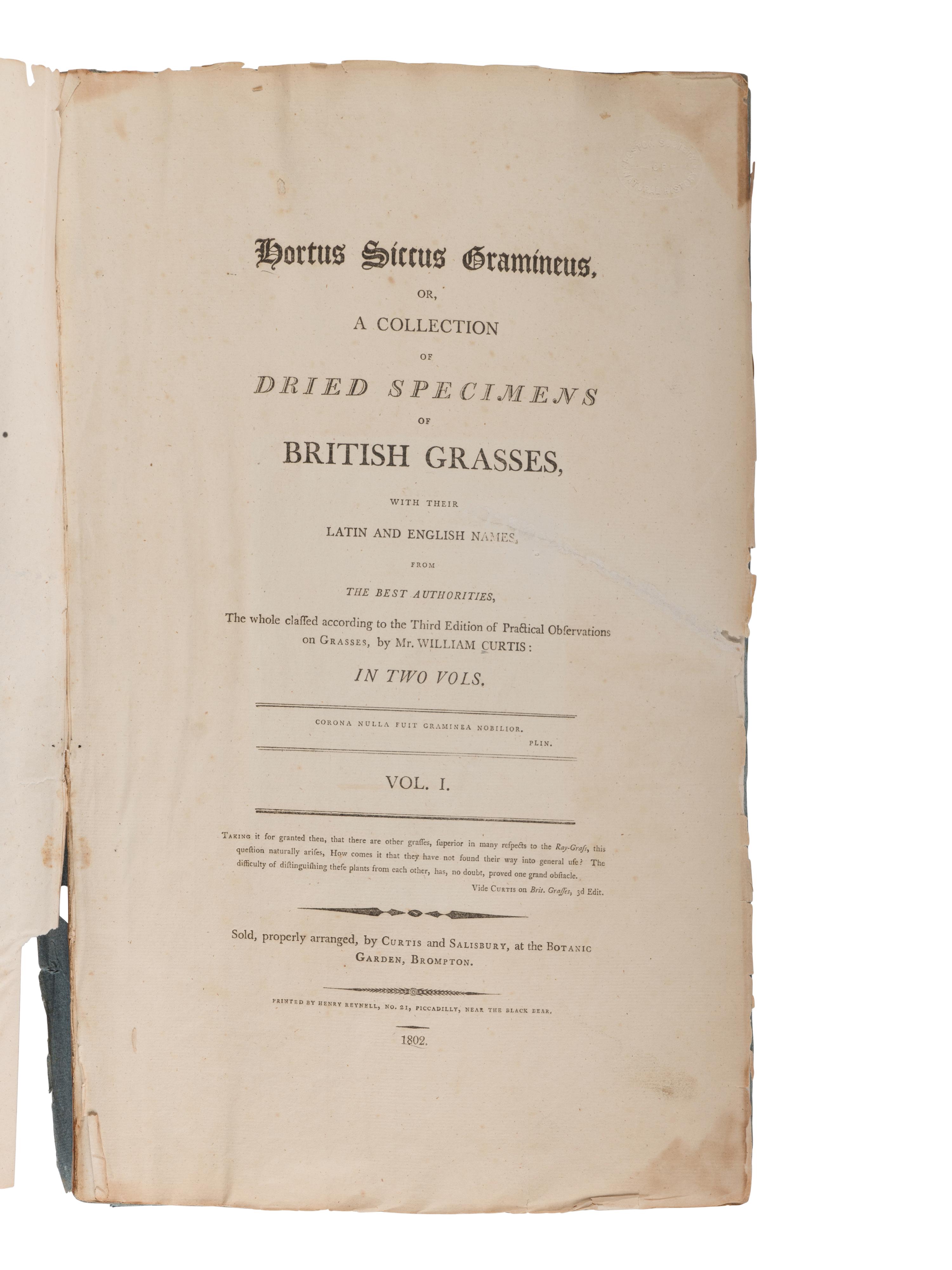 [NATURAL HISTORY - SPECIMEN ALBUMS]. CURTIS, William and William SALISBURY. Hortus siccus gramineus or, a collection of dried specimens of British grasses . Brompton: Botanic Garden, 1802.