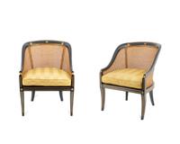 A Pair of Regency Style Parcel-Gilt, Caned and Ebonized Tub Chairs
