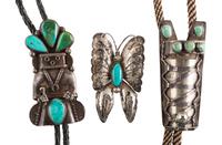 Navajo Silver an Turquoise Bolo Ties and Butterfy Pin