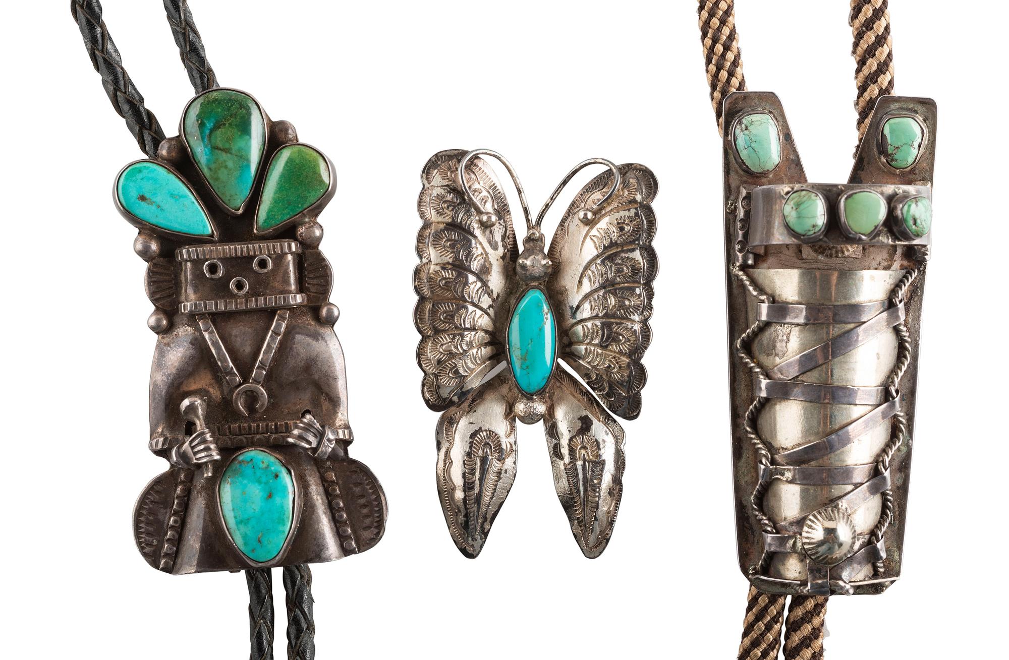 Navajo Silver an Turquoise Bolo Ties and Butterfy Pin