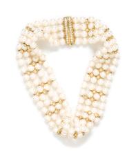 An 18 Karat Yellow Gold, Cultured Pearl and Diamond Multistrand Necklace,