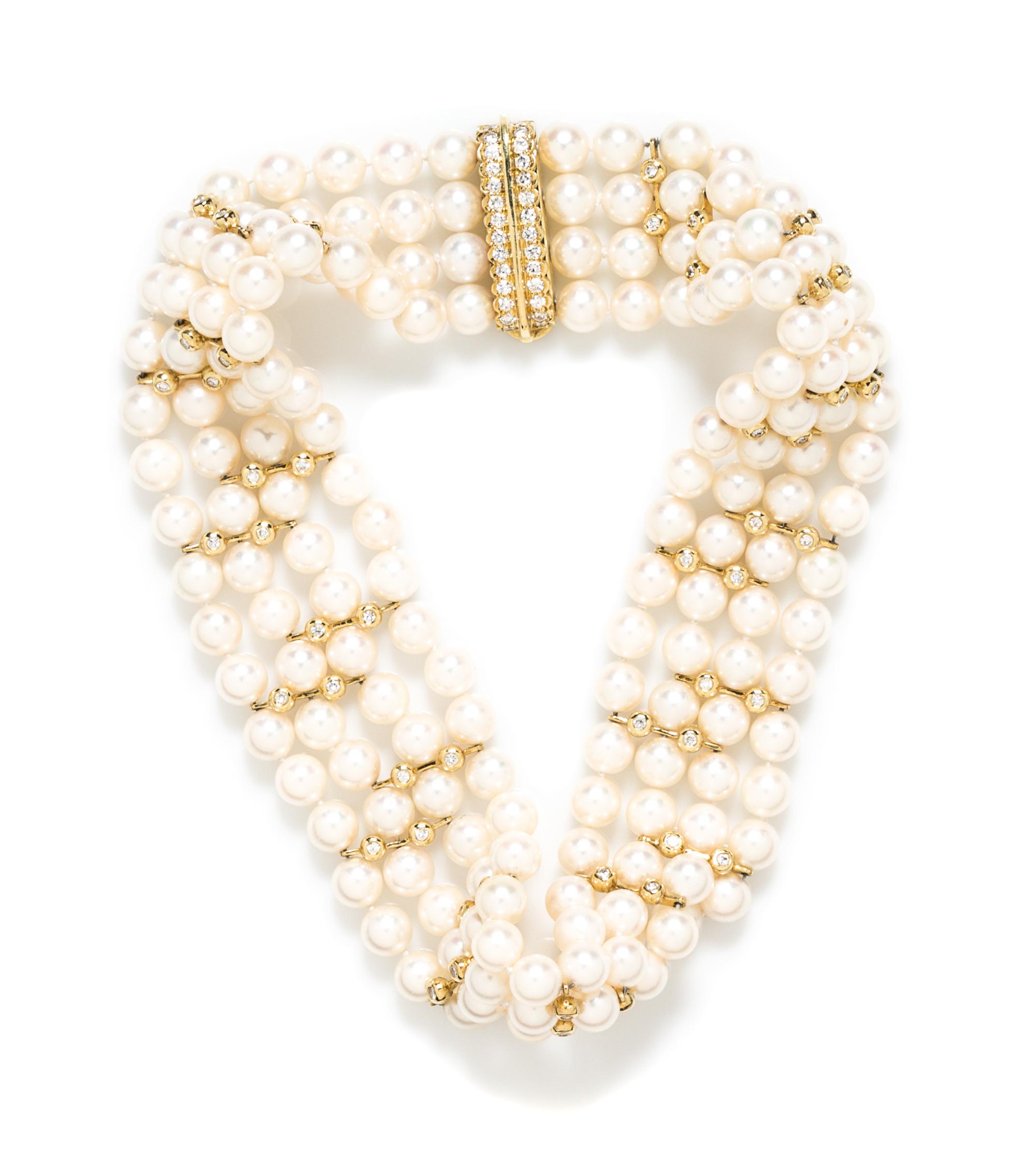 An 18 Karat Yellow Gold, Cultured Pearl and Diamond Multistrand Necklace,