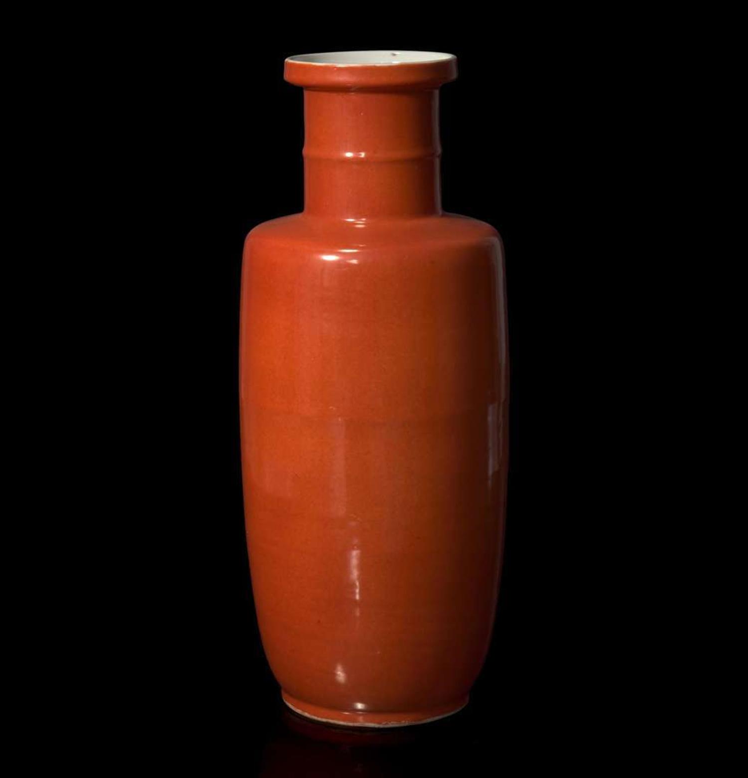 A Chinese coral ground rouleau vase 珊瑚地棒槌瓶