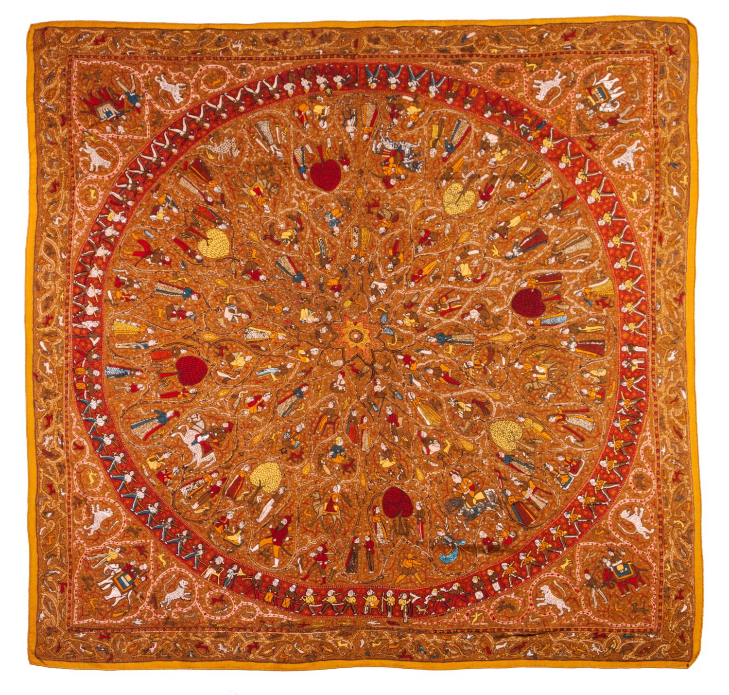 An Hermes Bronze Silk and Cashmere Scarf, 52 x 49 1/2 inches.