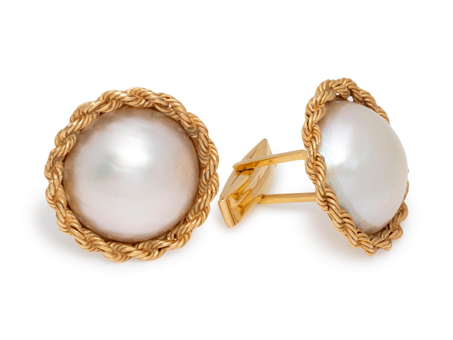 A Pair of 14 Karat Yellow Gold and Cultured Pearl Cufflinks,