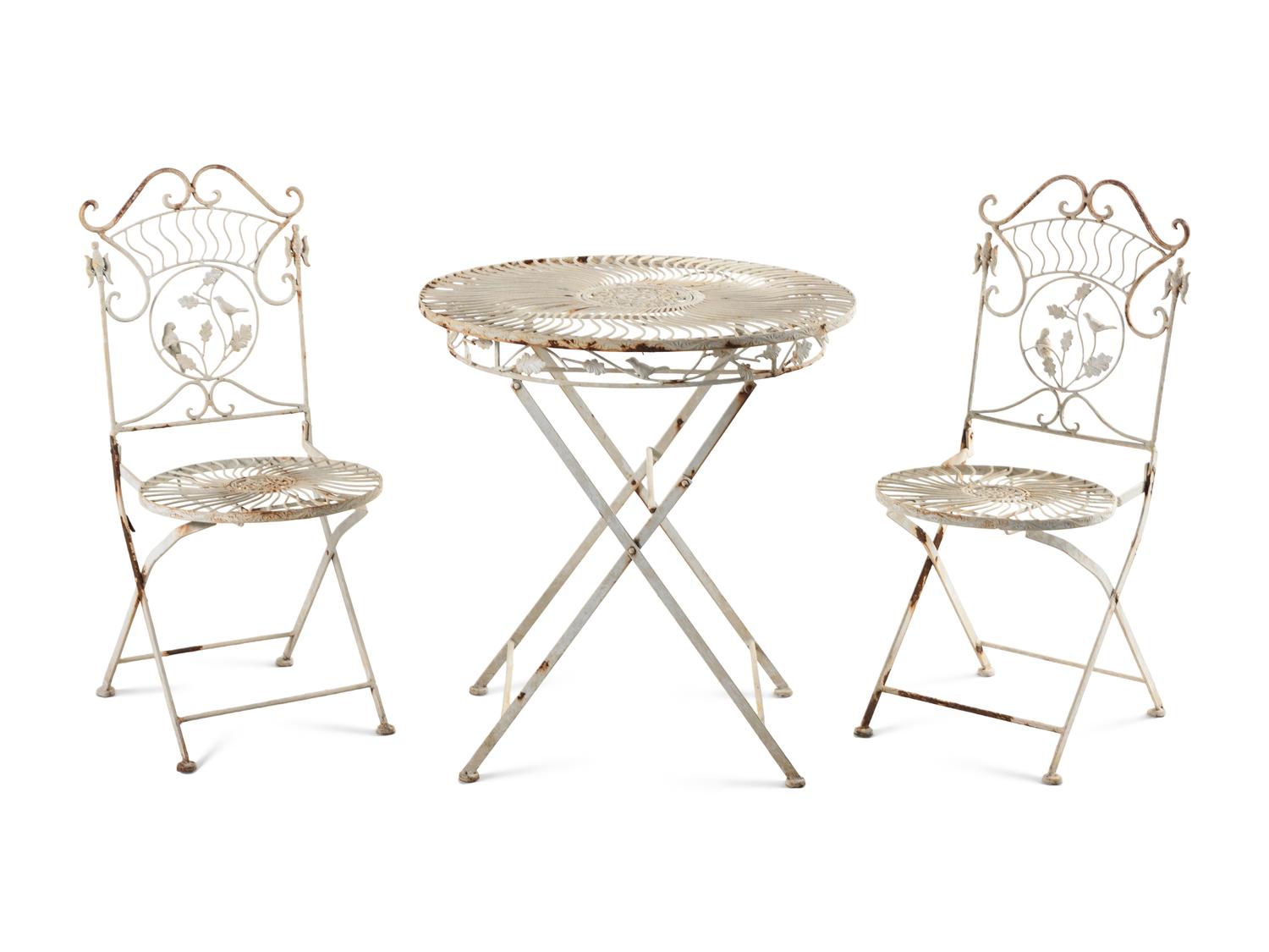A Painted Cast Iron Garden Table and Two Chairs