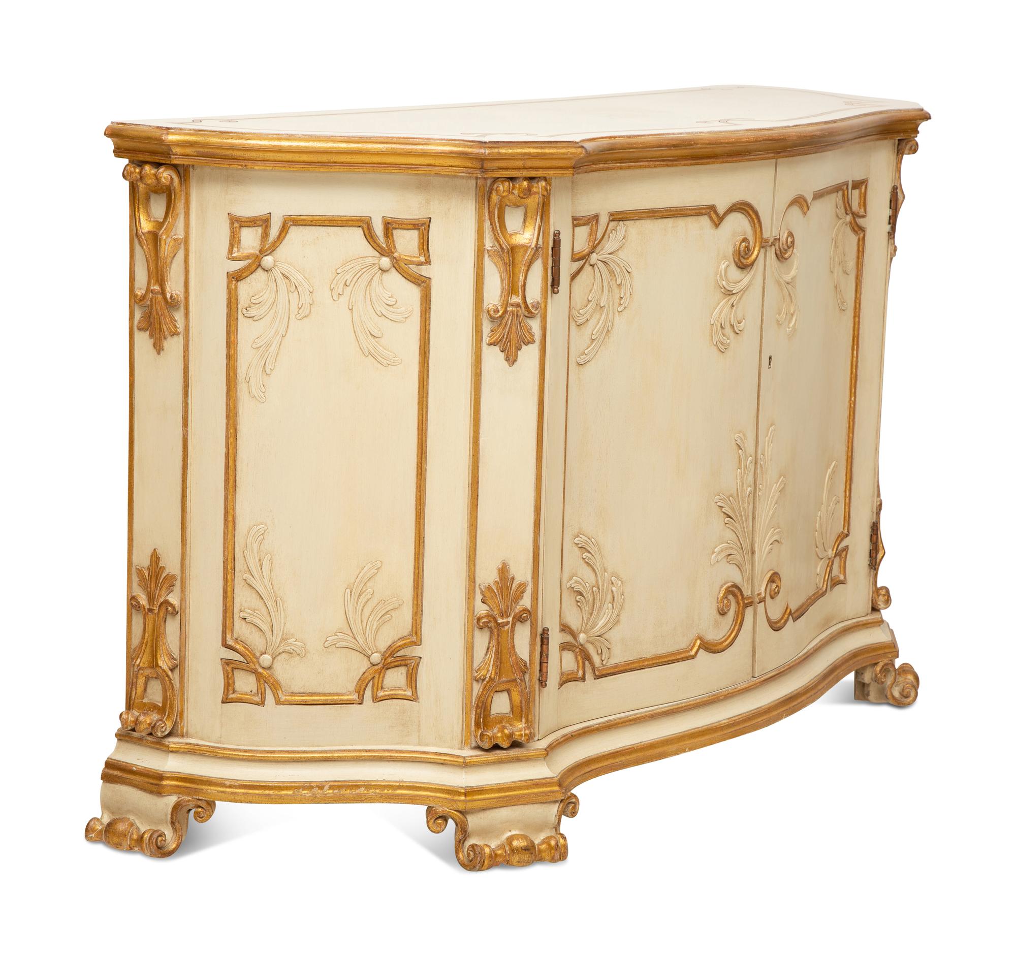 A Pair of Painted and Parcel Gilt Serpentine-Front Cabinets