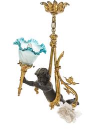 A Louis XV Style Gilt and Patinated Bronze Figural Lantern, Height 19 1/2 inches.