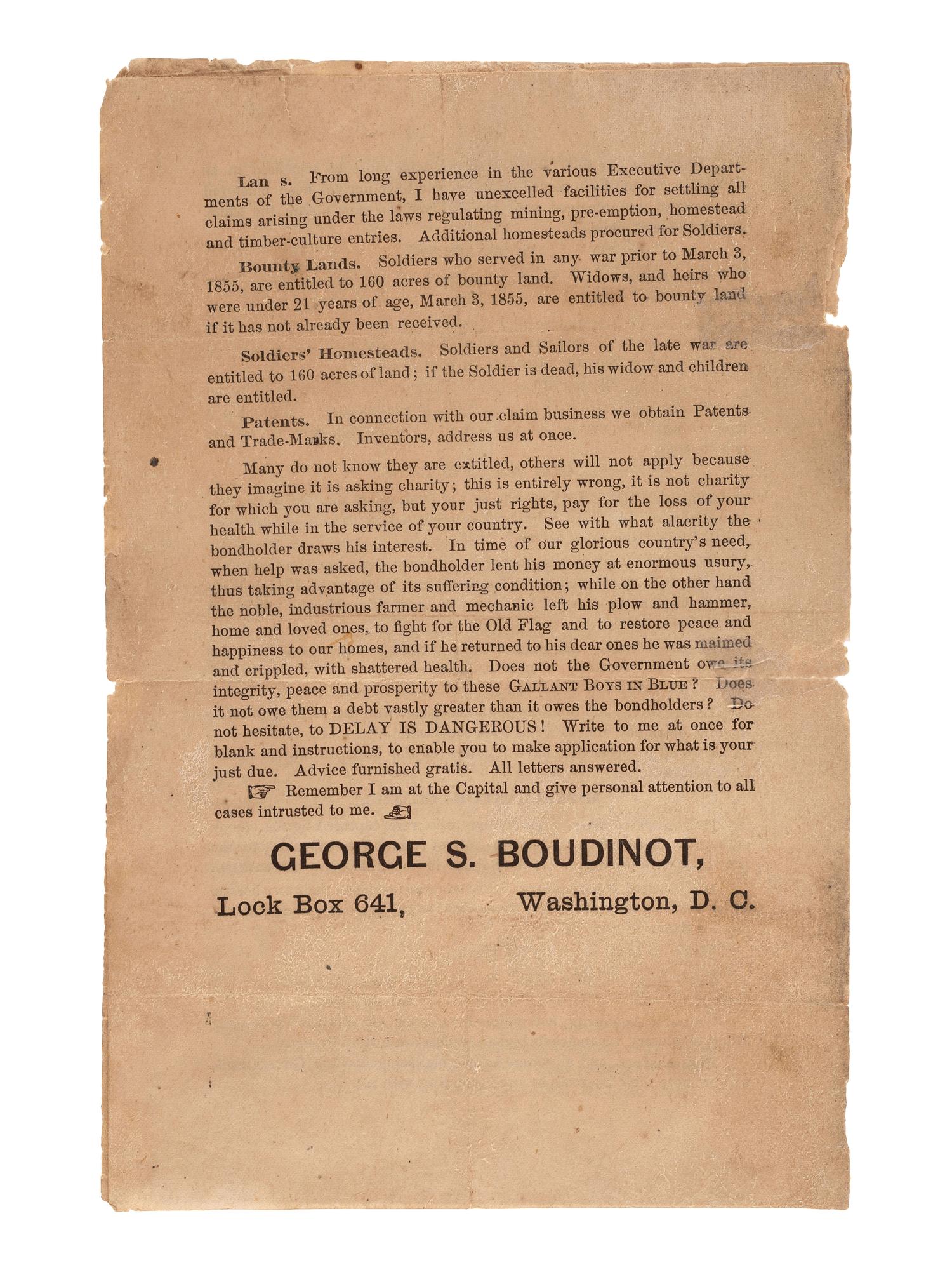 [CIVIL WAR -- VETERANS]. Grant Memorial Services . Bennington [VT?], 8 August [1885]. [ With :] Pamphlet regarding Civil War veterans' pensions.