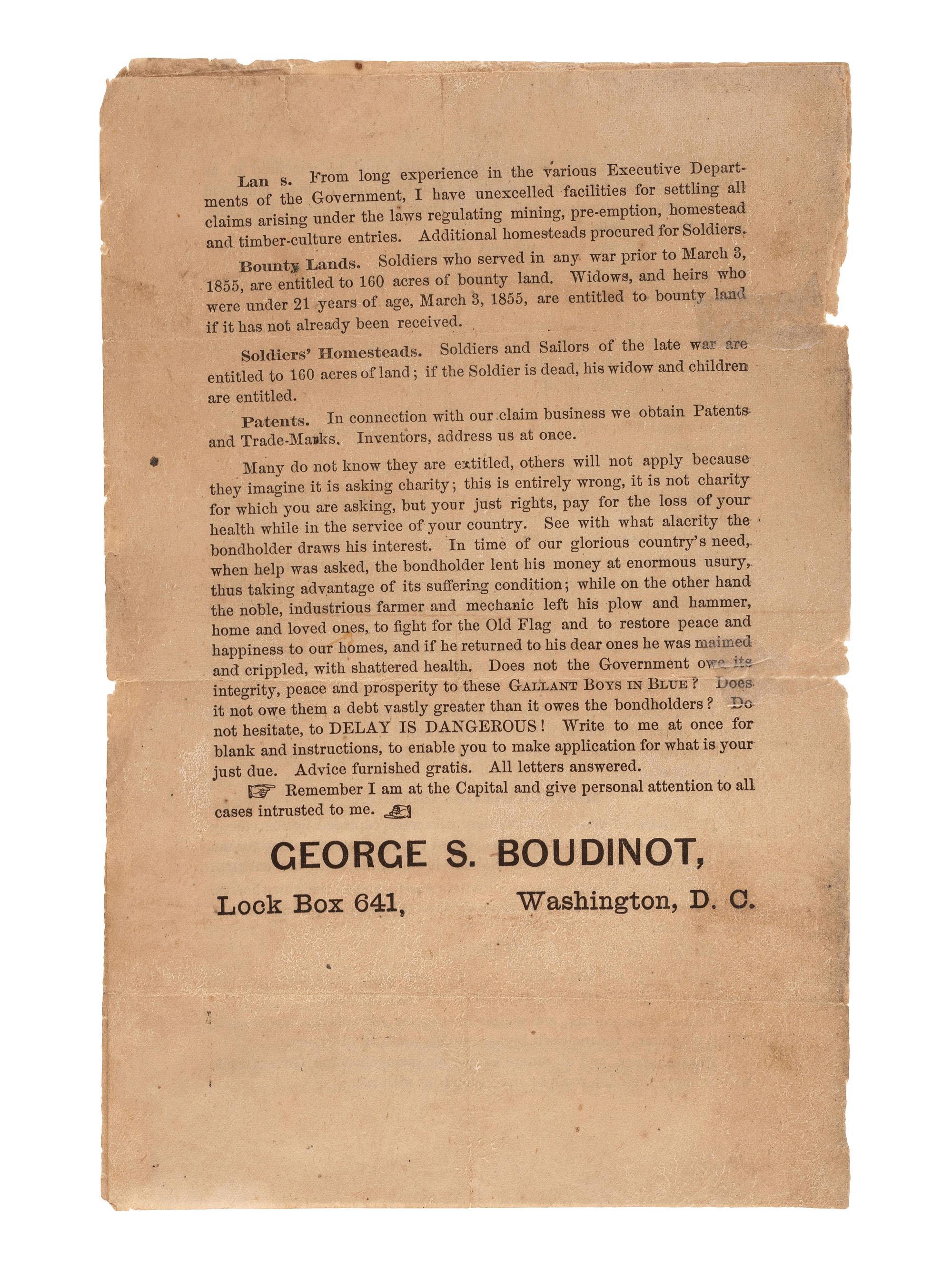 [CIVIL WAR -- VETERANS]. Grant Memorial Services . Bennington [VT?], 8 August [1885]. [ With :] Pamphlet regarding Civil War veterans' pensions.