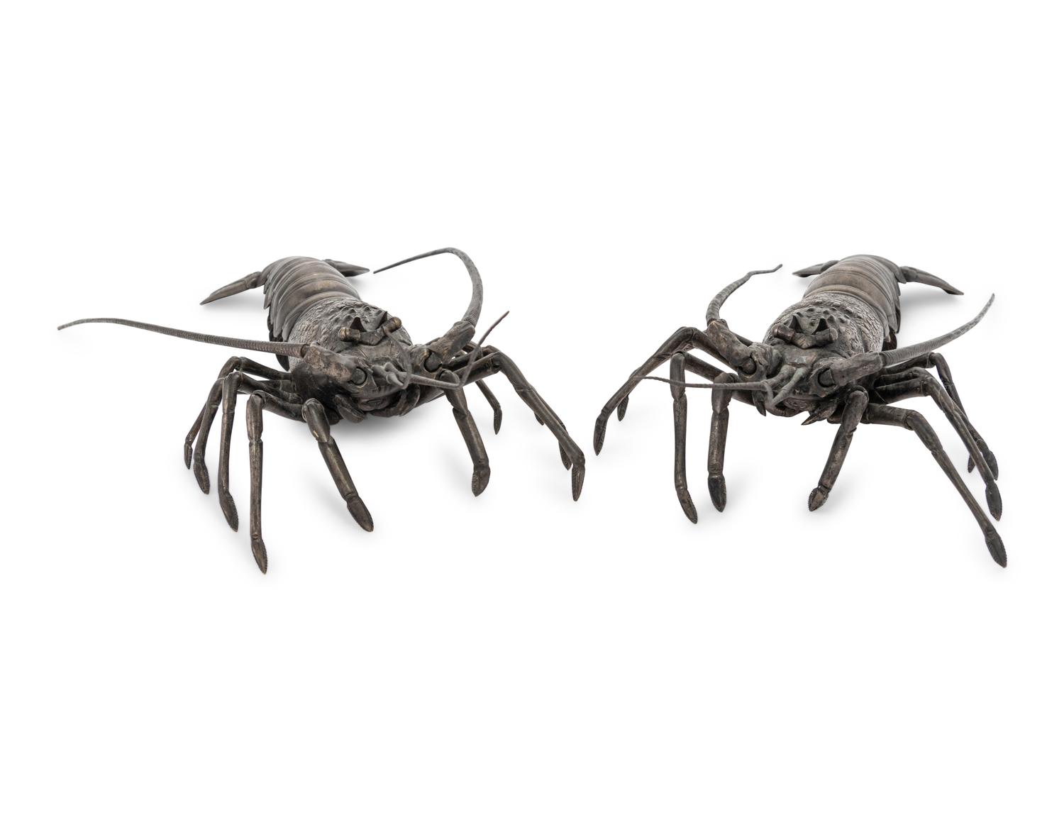 A Pair of Japanese Silvered Bronze Articulated Models of Ebi, Spiny Lobsters