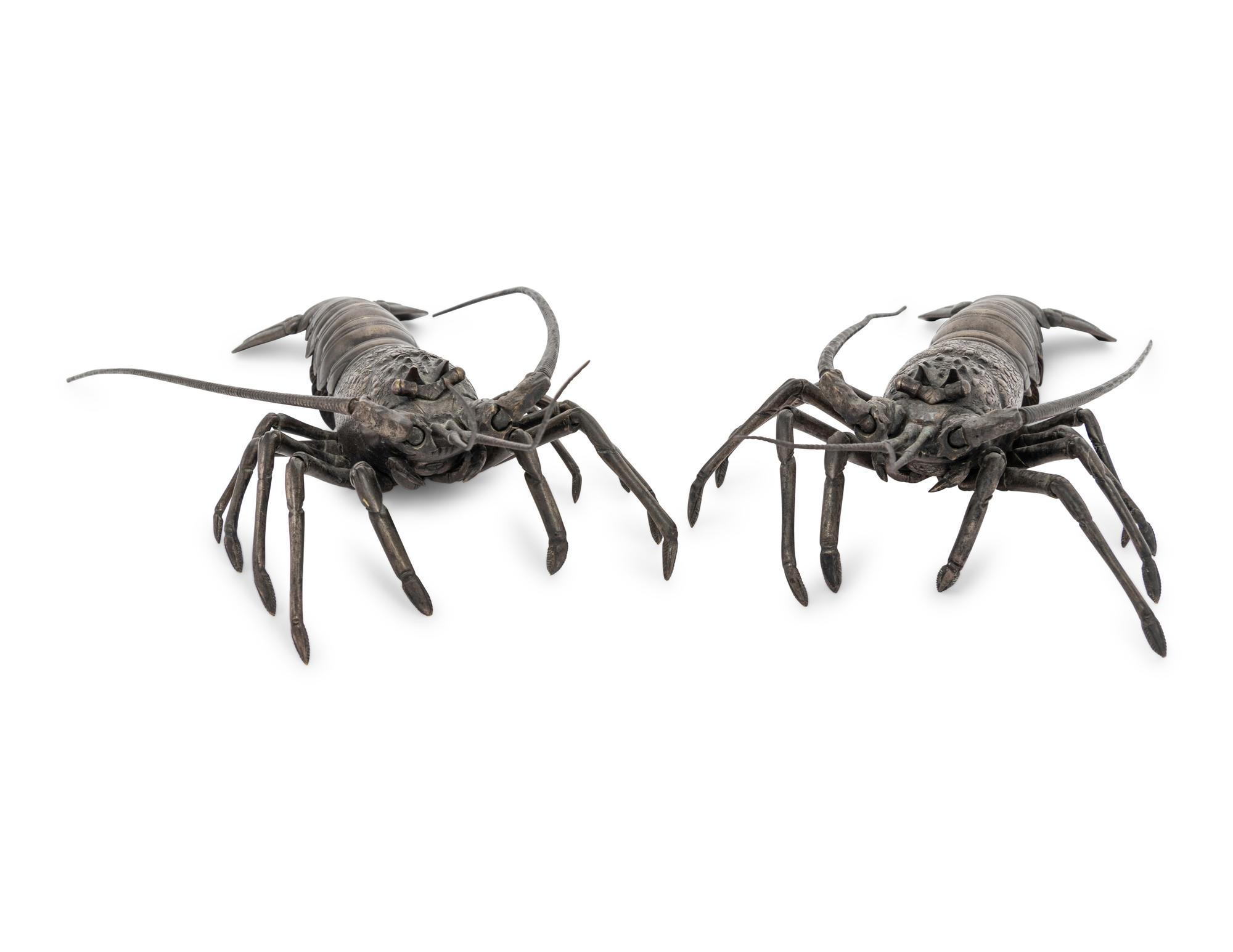 A Pair of Japanese Silvered Bronze Articulated Models of Ebi, Spiny Lobsters