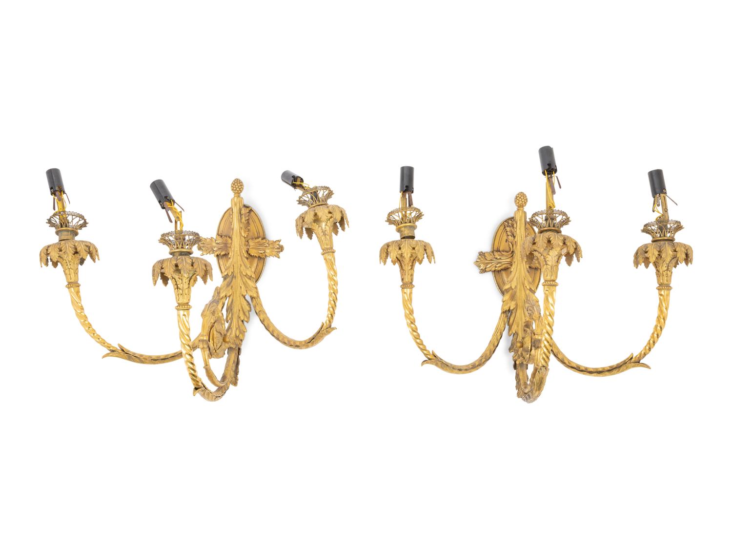 A Pair of Napoleon III Gilt Bronze Three-Light Sconces