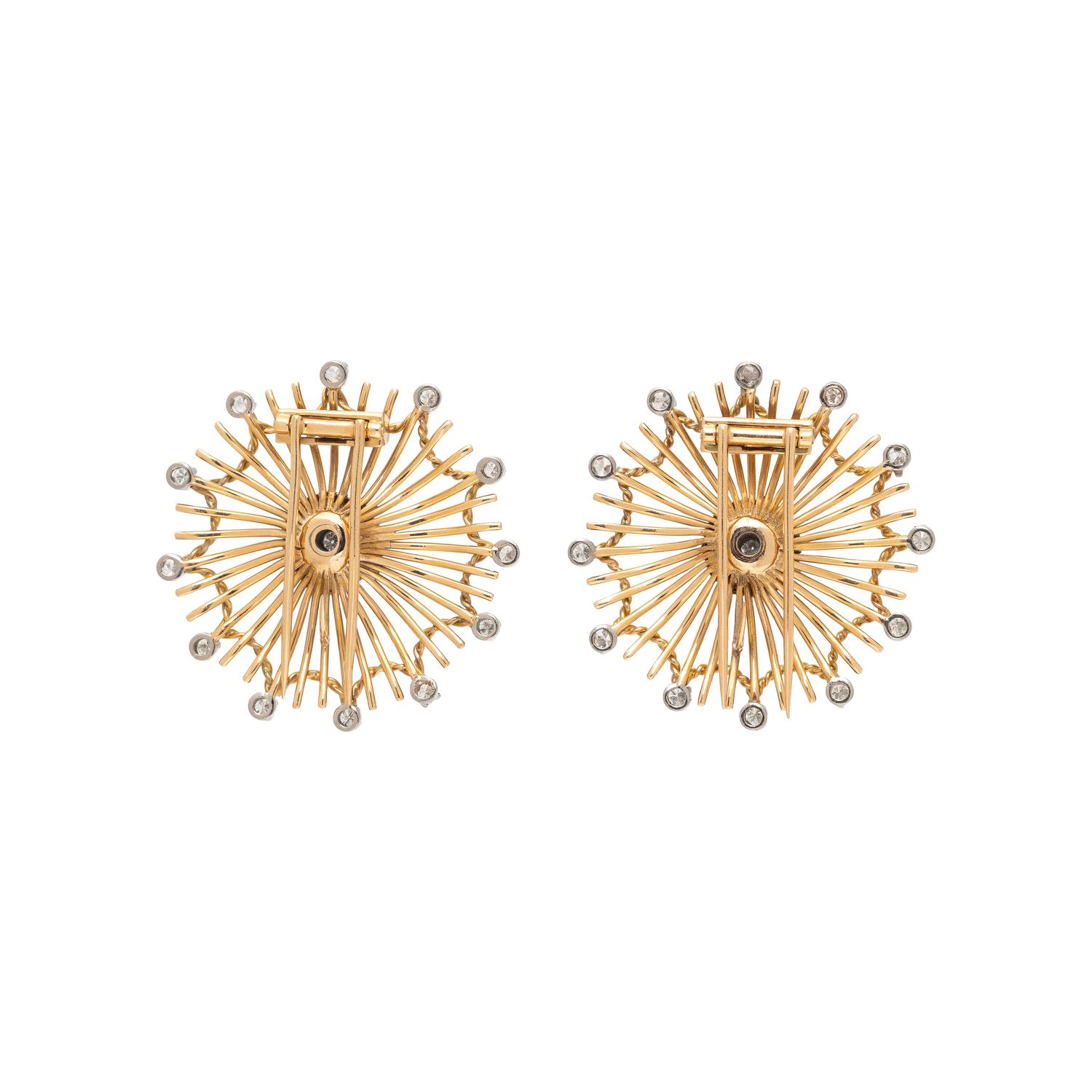 PAIR OF YELLOW GOLD AND DIAMOND BROOCHES