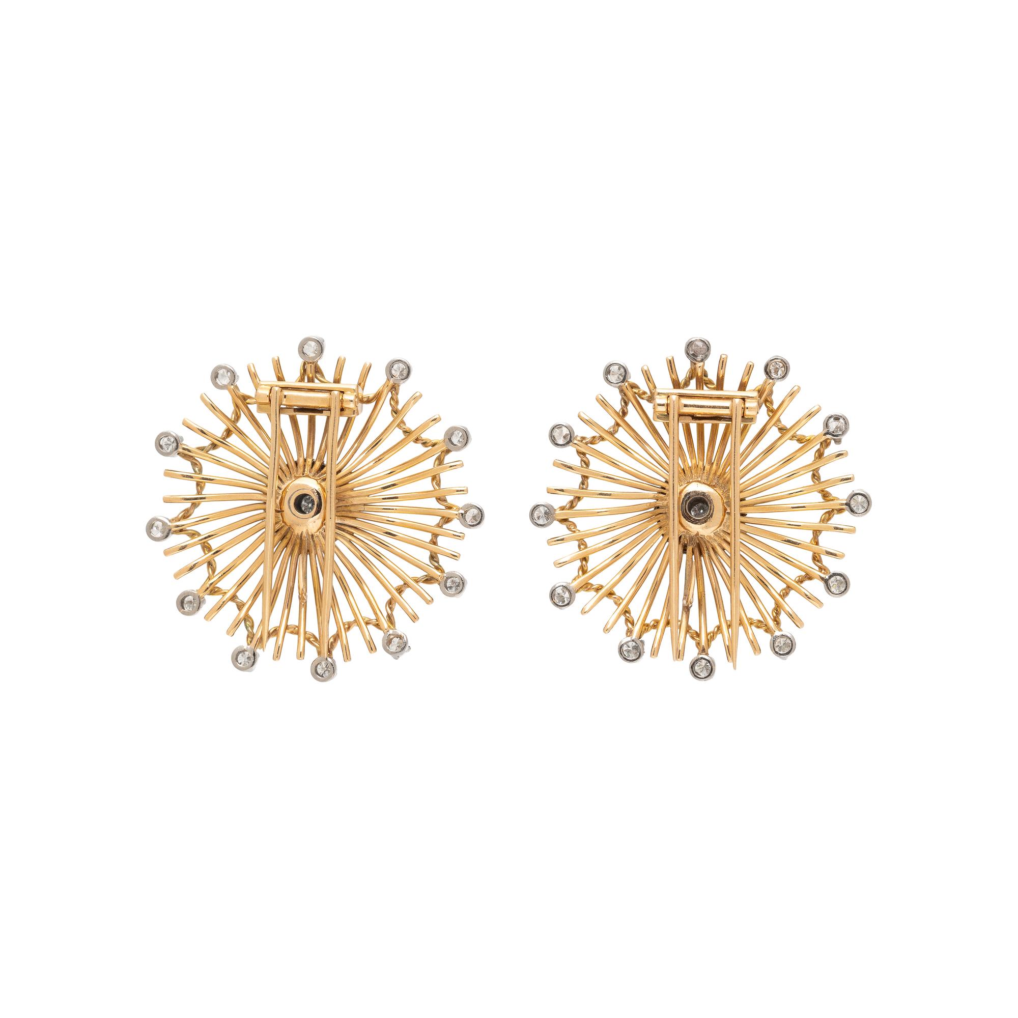 PAIR OF YELLOW GOLD AND DIAMOND BROOCHES