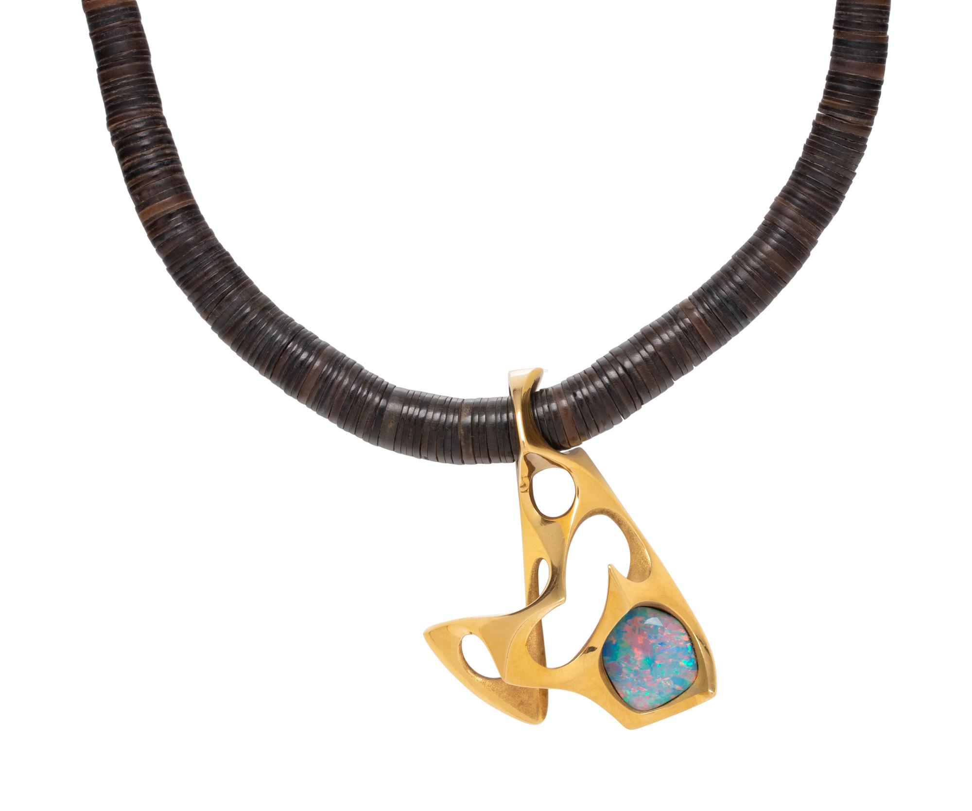 DONALD WRIGHT, MODERNIST, YELLOW GOLD AND OPAL TRIPLET PENDANT