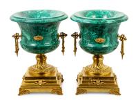 A Pair of Empire Style Gilt Bronze Mounted Malachite Veneered Urns