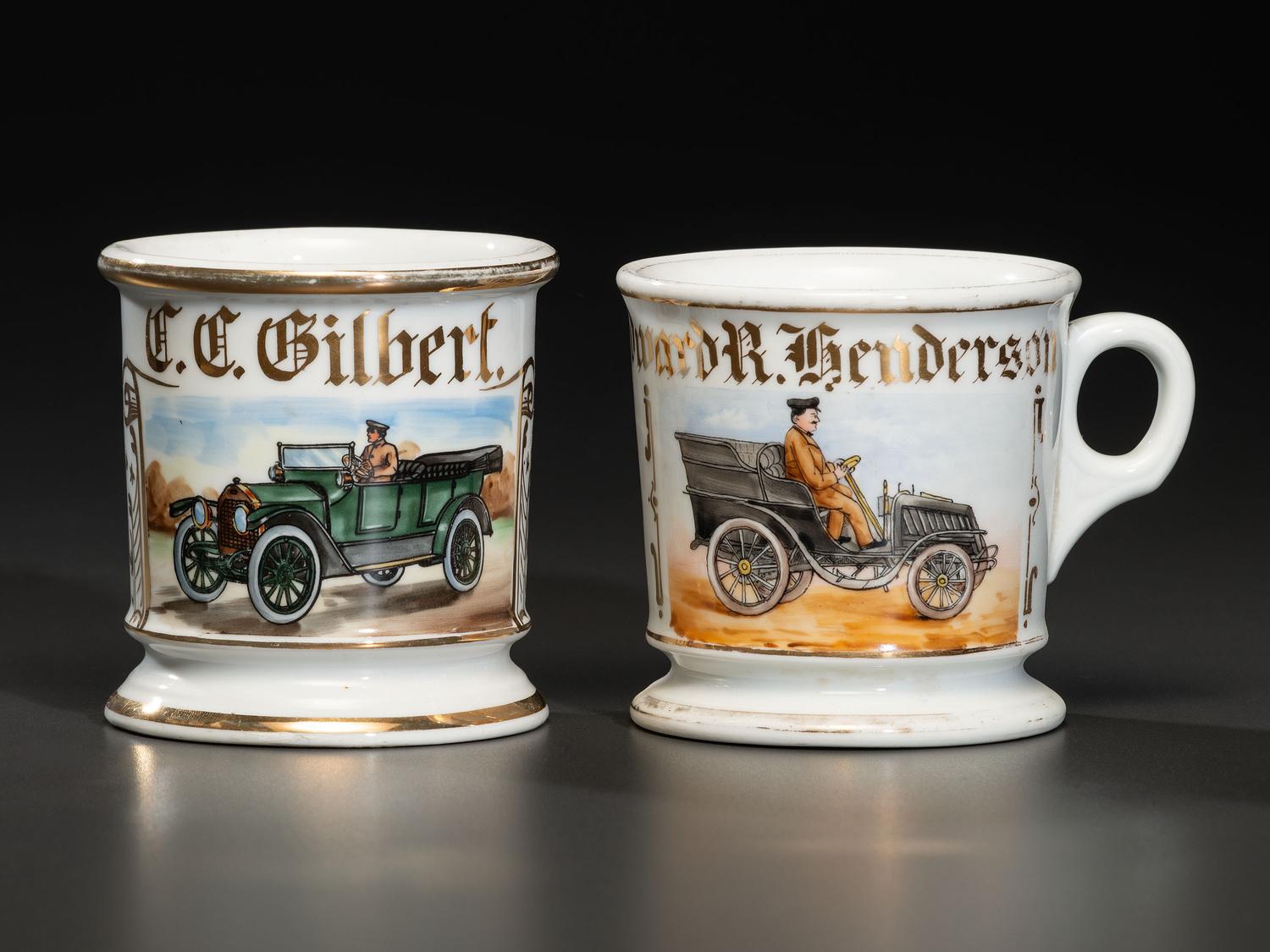 Two Porcelain Shaving Mugs Depicting Automobiles with Drivers