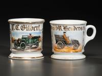 Two Porcelain Shaving Mugs Depicting Automobiles with Drivers