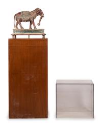 An Indian Carved Wood Model of an Elephant in a Walnut and Glass Vitrine