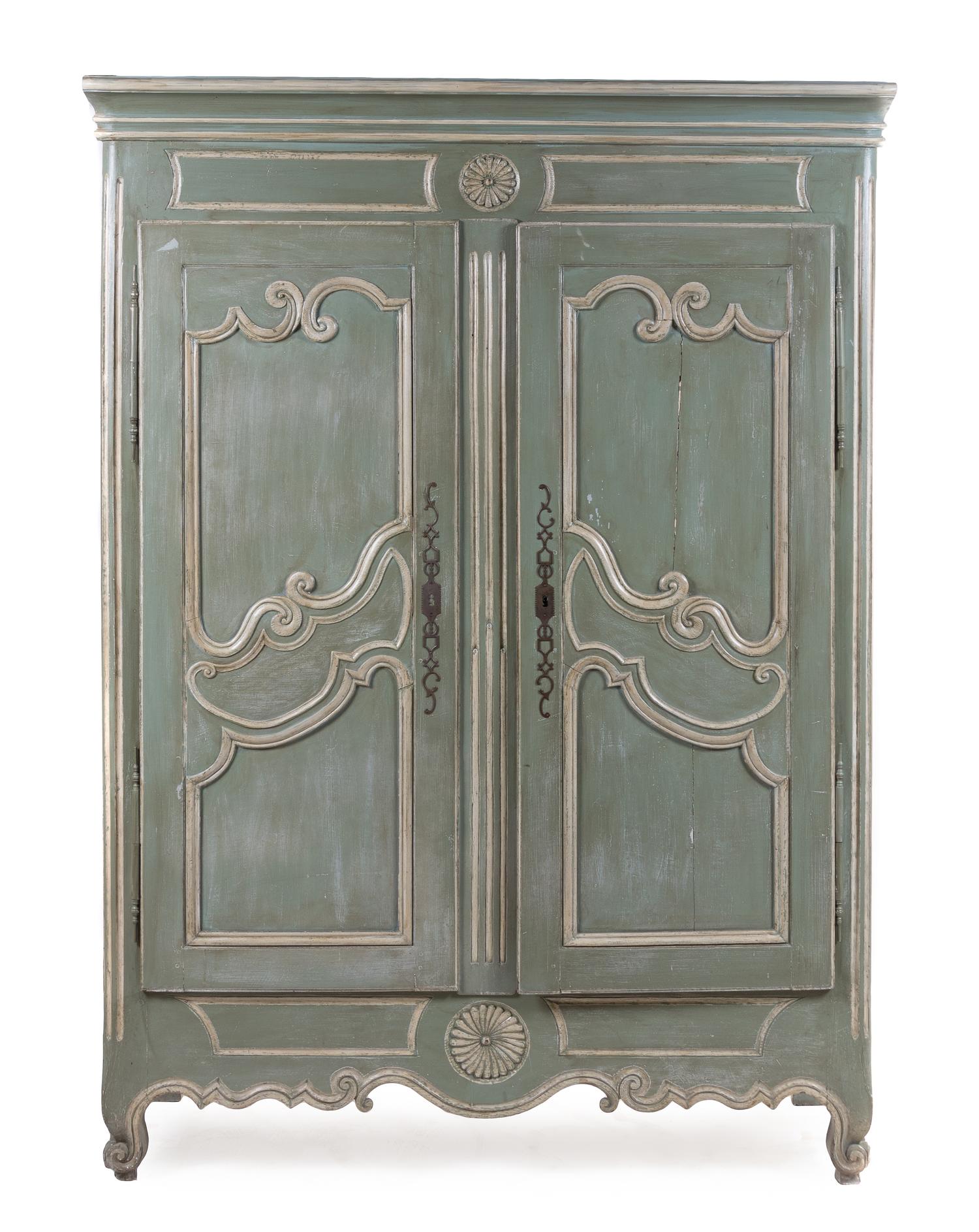 A French Provincial Painted Armoire Height 79 x width 57 1/2 x depth 23 inches. — 19TH CENTURY