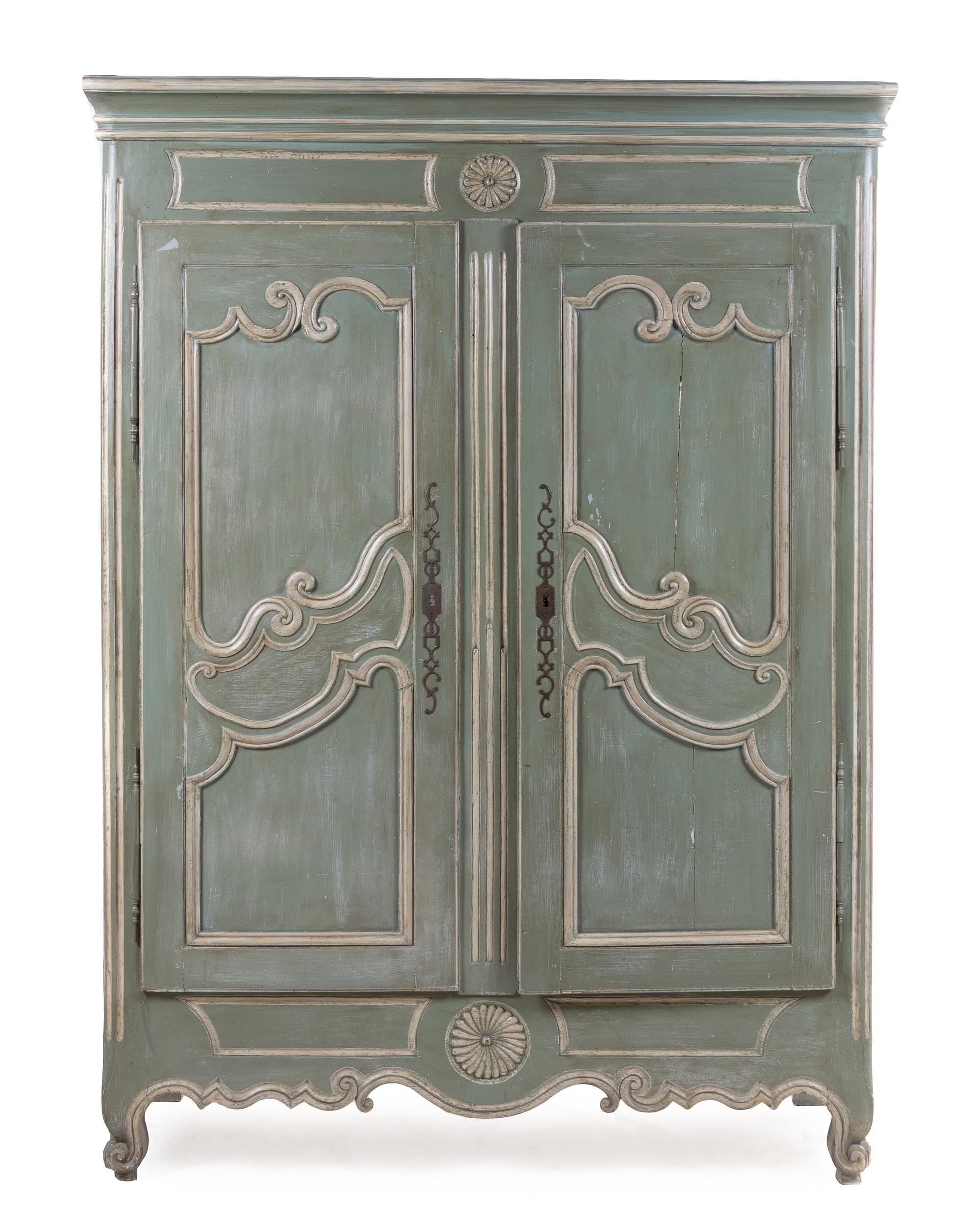 A French Provincial Painted Armoire Height 79 x width 57 1/2 x depth 23 inches. — 19TH CENTURY