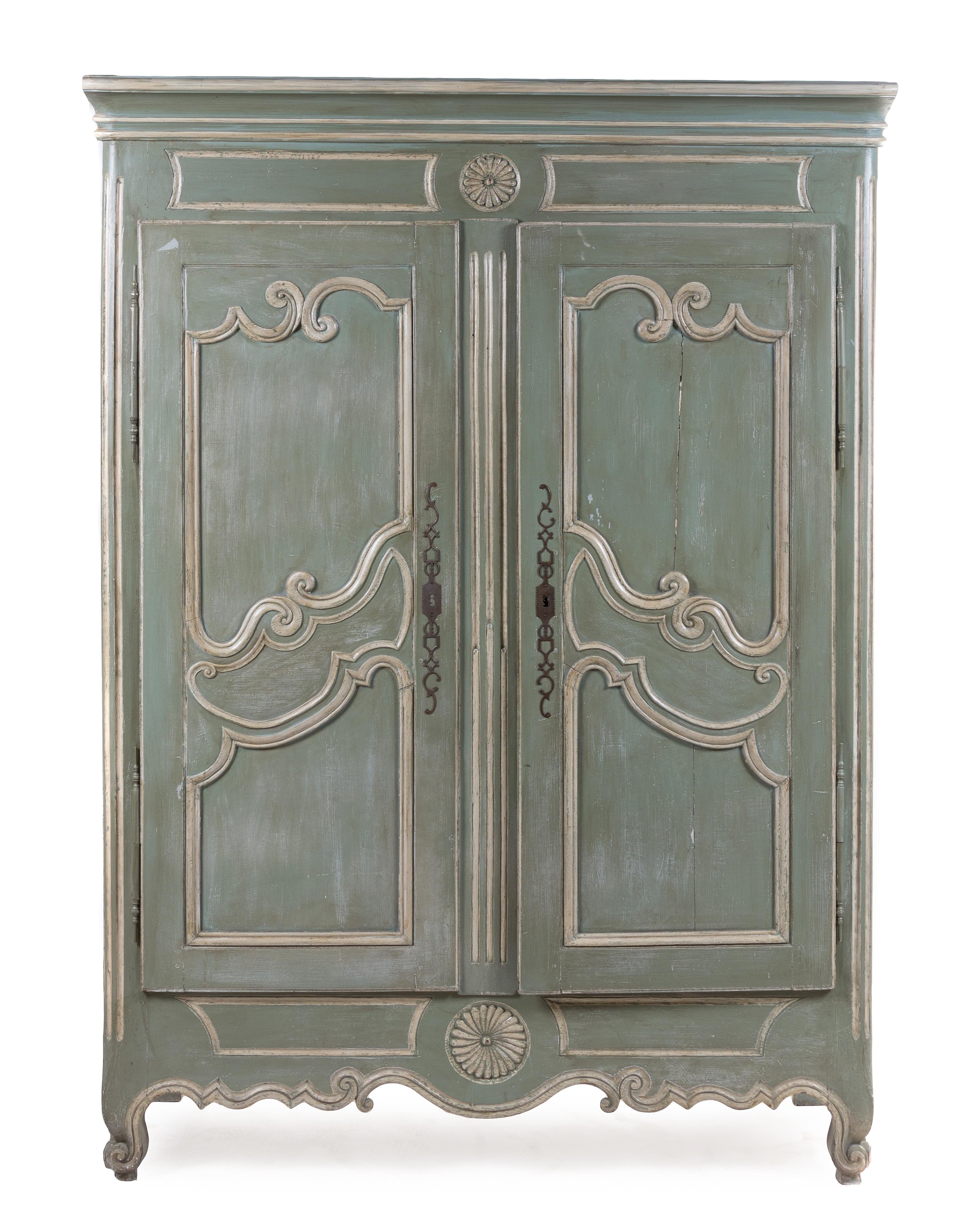 A French Provincial Painted Armoire Height 79 x width 57 1/2 x depth 23 inches. — 19TH CENTURY