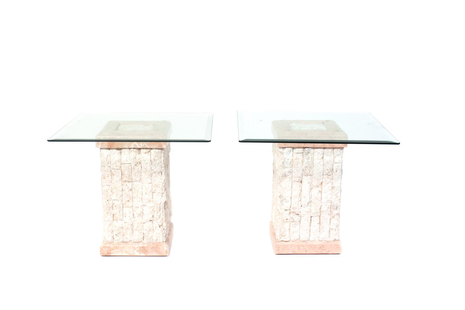 Two Contemporary Cast Stone and Glass Side Tables Height 21 x width 23 3/4 x depth 23 3/4 inches. — SECOND HALF 20TH CENTURY