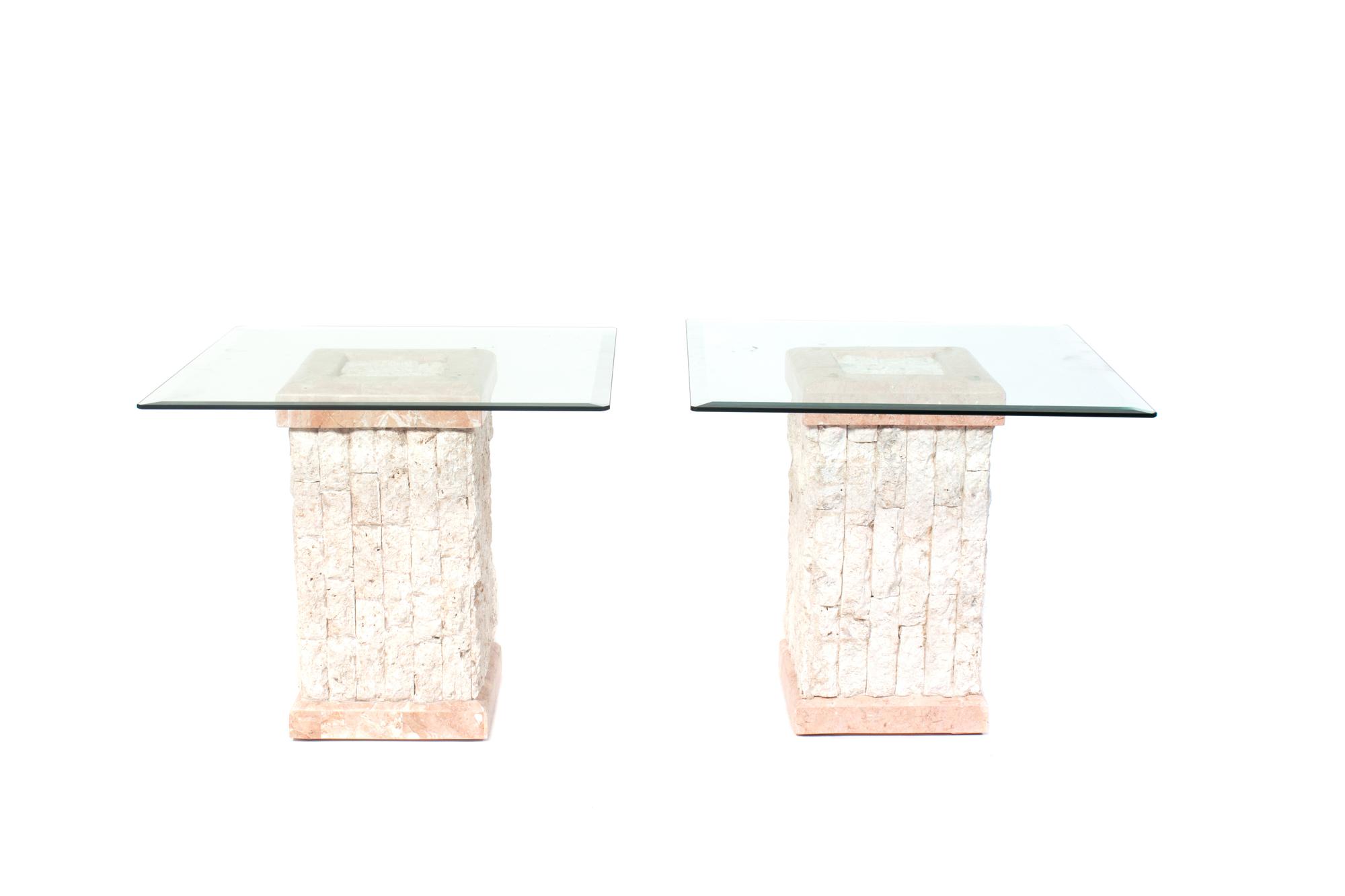 Two Contemporary Cast Stone and Glass Side Tables Height 21 x width 23 3/4 x depth 23 3/4 inches. — SECOND HALF 20TH CENTURY