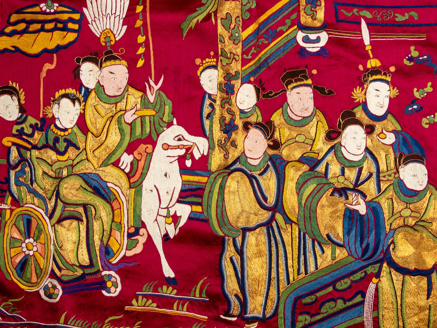 An Impressively Large Chinese Burgundy Ground Embroidered Silk 'Birthday' Wall Panel, Dated 1868 清同治七年（1868） 絳紅緞綉賀壽圖大挂屏