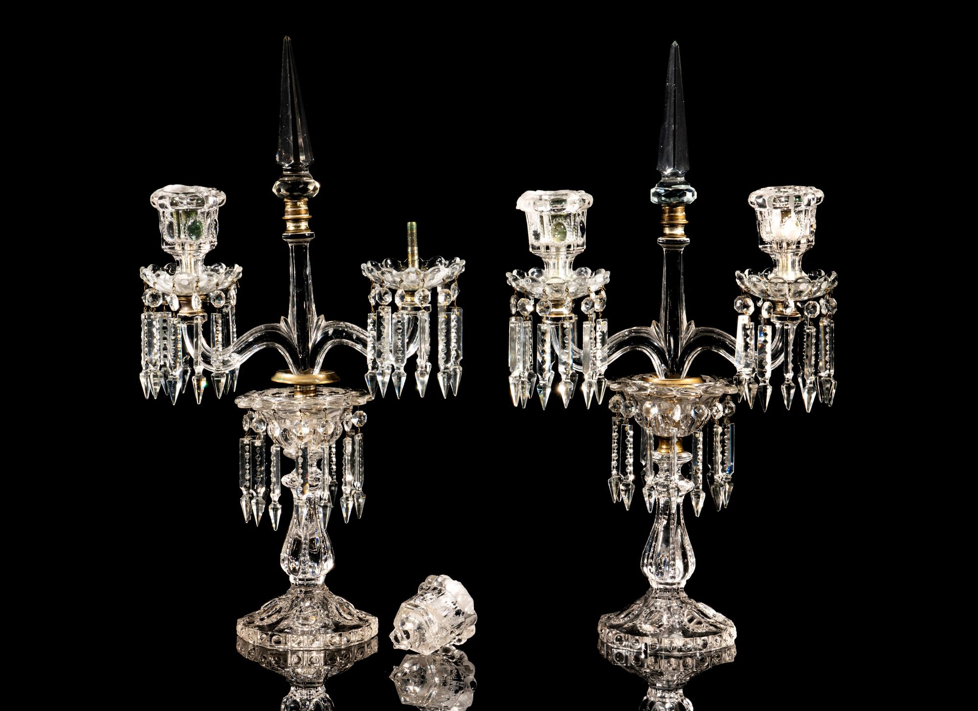A Pair of Molded Glass Three-Light Candelabra Attributed to Baccarat