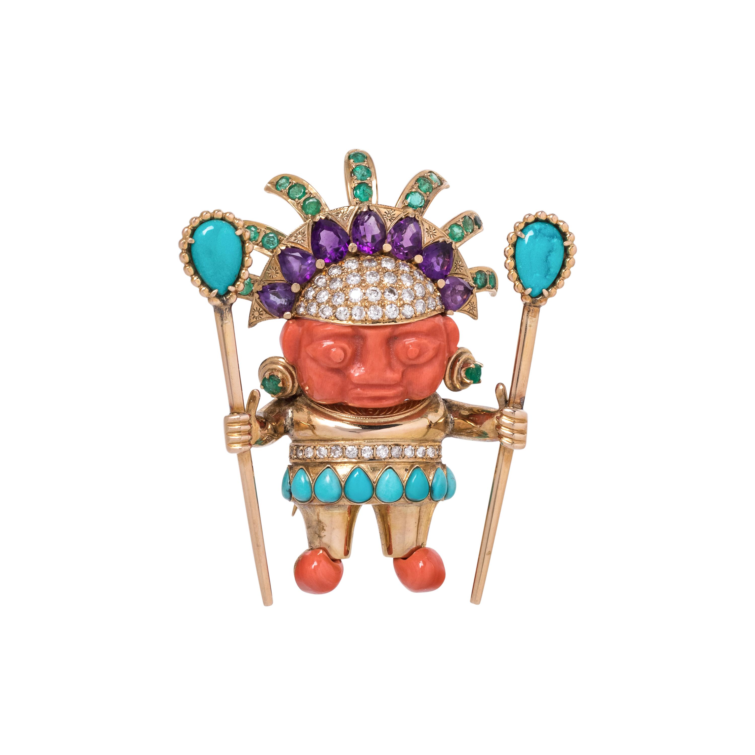 YELLOW GOLD, MULTIGEM AND DIAMOND WARRIOR BROOCH