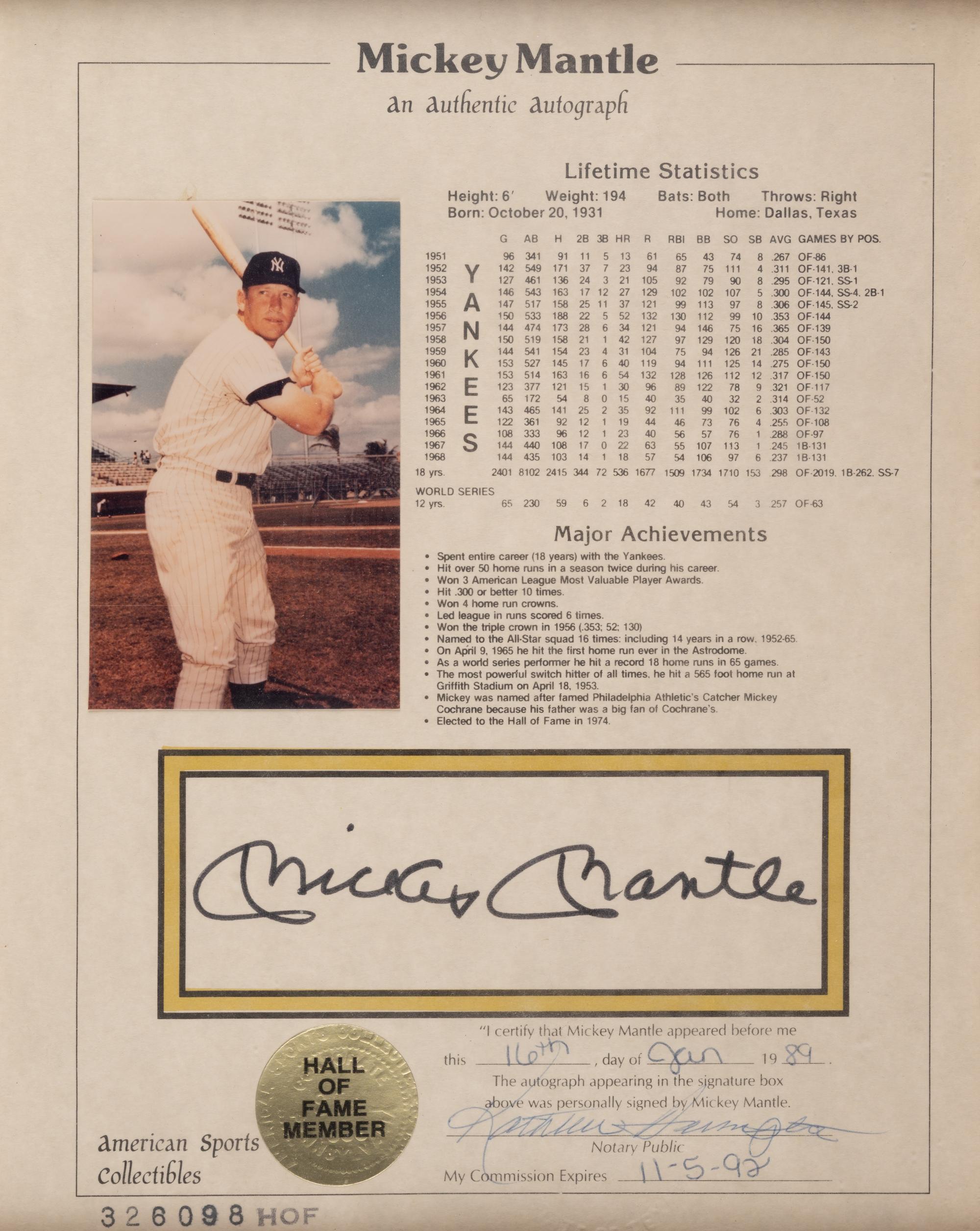 A Mickey Mantle Signed Autograph Career Statistics Display (Beckett Authentication Services Letter),
