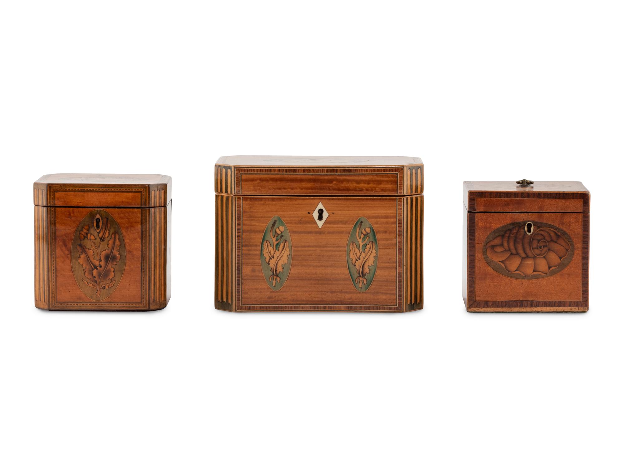 A Group of Three George III Harewood and Marquetry Tea Caddies