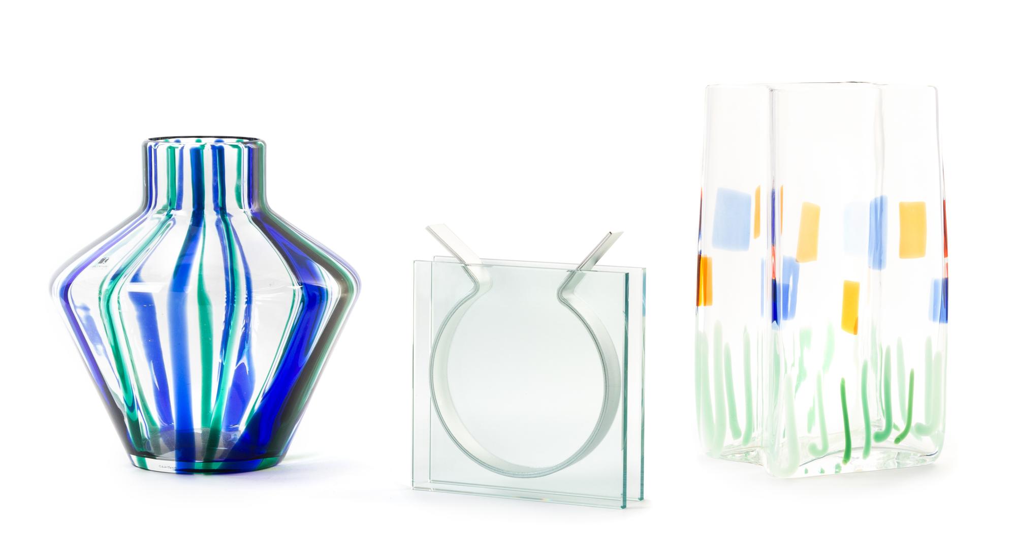 A Group of Three Glass Vases Height of tallest 11 1/2 inches.