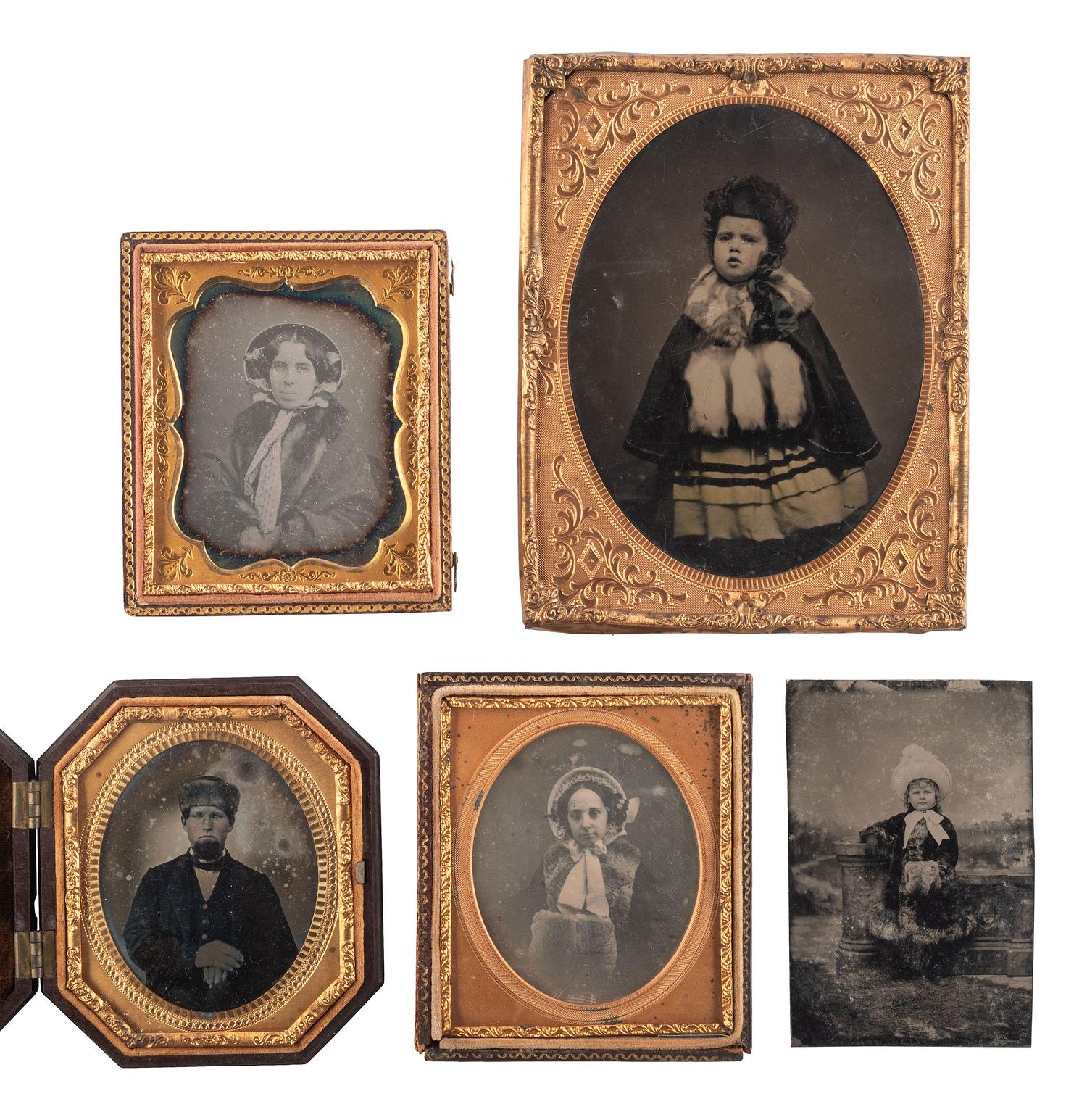 [EARLY PHOTOGRAPHY]. A group of 10 assorted wet plate images of subjects wearing fur garments and accessories, including: