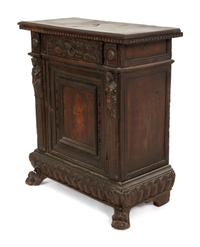 An Italian Carved Walnut Side Cabinet with Marquetry Panel Door