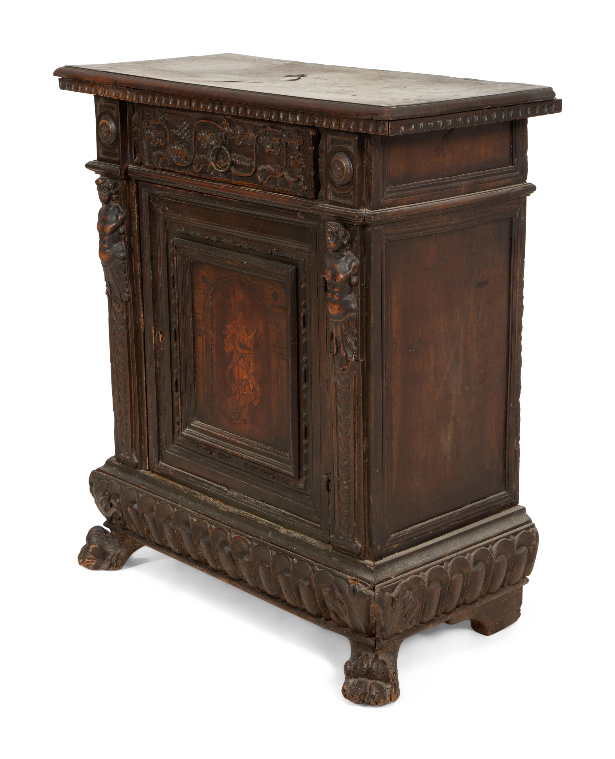 An Italian Carved Walnut Side Cabinet with Marquetry Panel Door