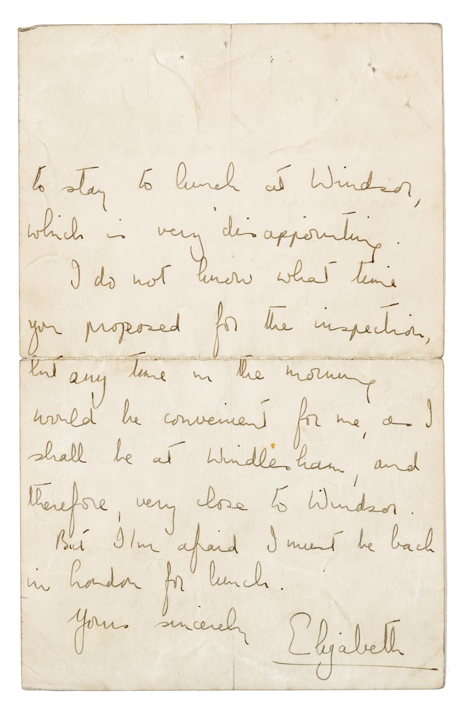 ELIZABETH II, Queen of England (b. 1926). Autographed letter signed ("Elizabeth"), as princess, to Colonel Goullrem, Lndn, 13 May 1948.