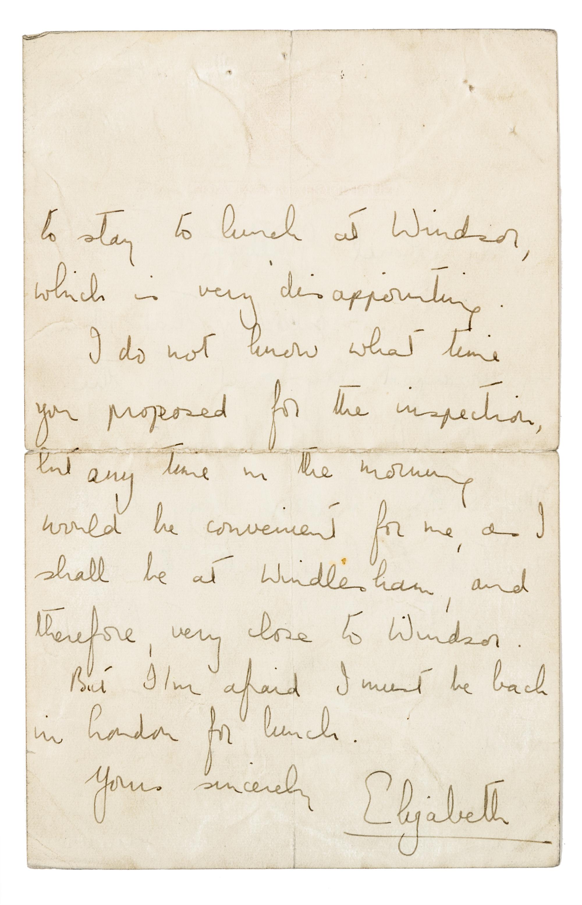 ELIZABETH II, Queen of England (b. 1926). Autographed letter signed ("Elizabeth"), as princess, to Colonel Goullrem, Lndn, 13 May 1948.