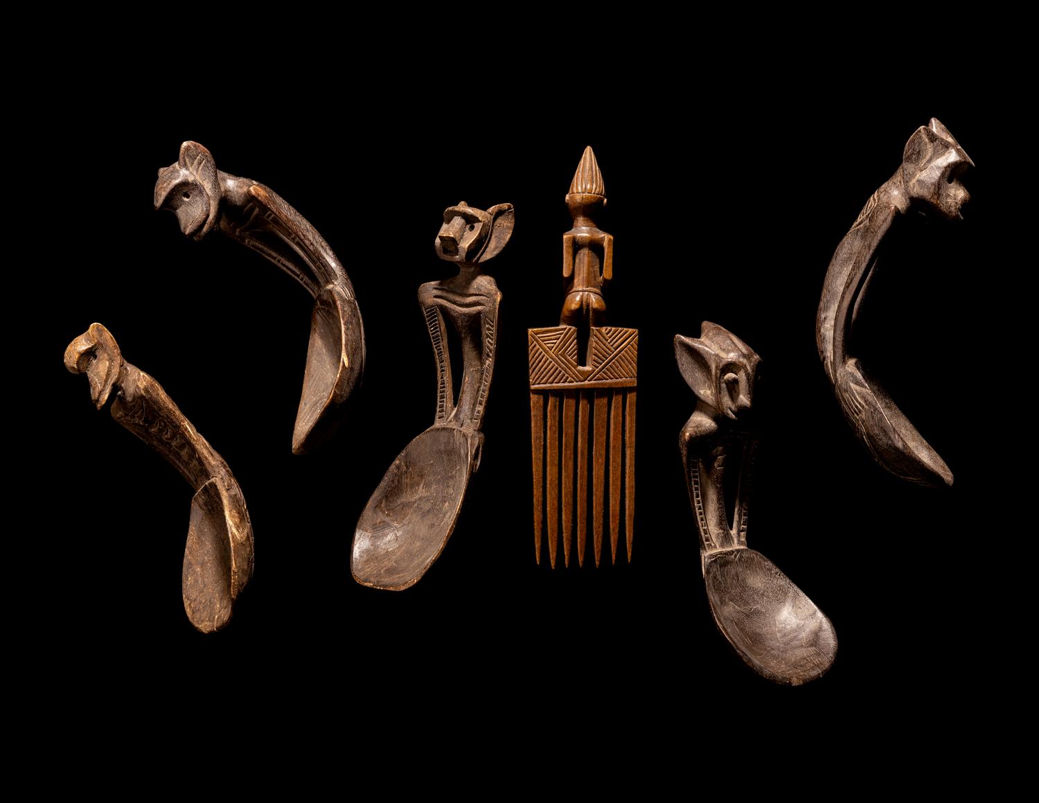 Five African Wood Spoons and a Comb