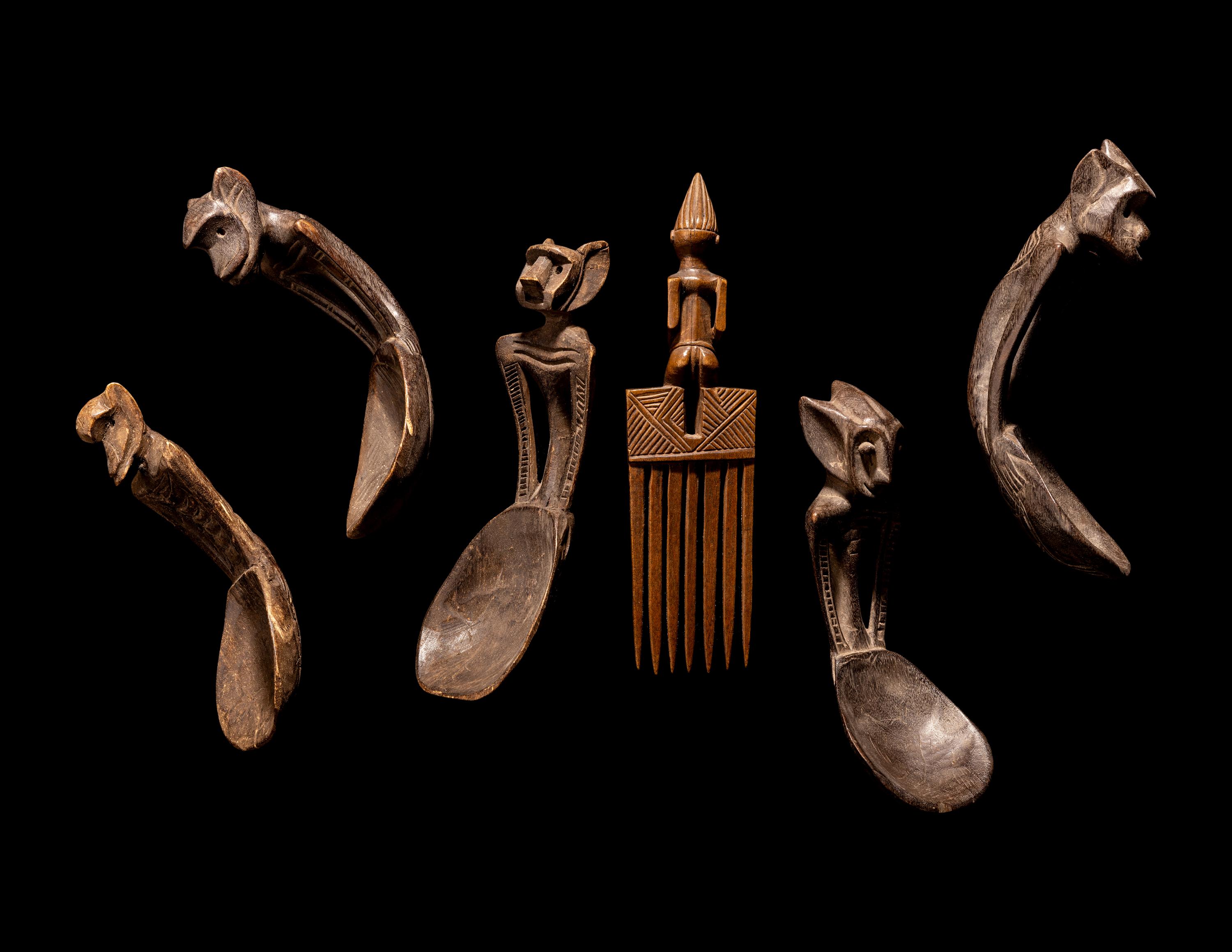 Five African Wood Spoons and a Comb