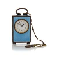 A Swiss Miniature Silver and Guilloche Enamel Clock, 19th/20th Century, set in a handled, rectangular case, the dial with Arabic numera