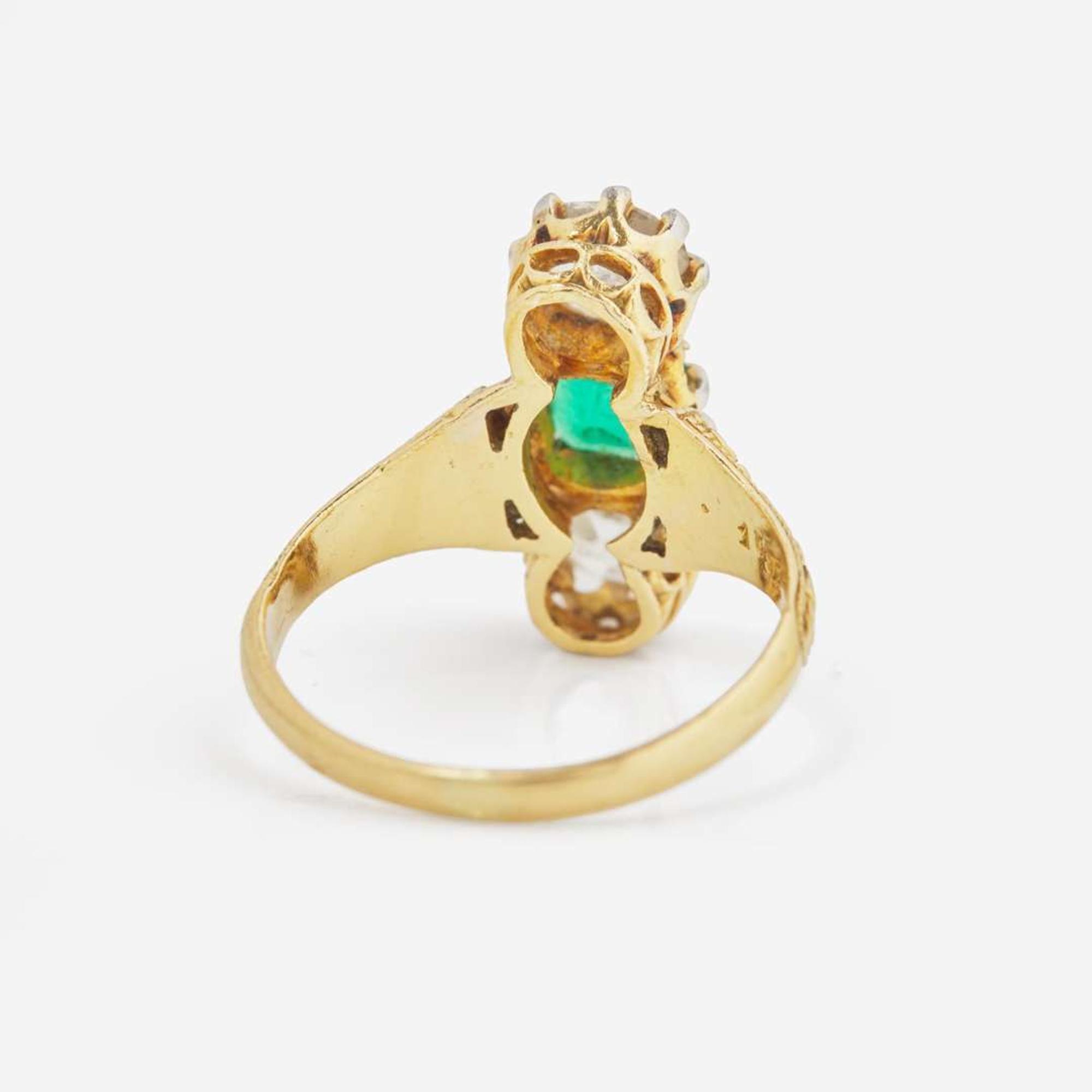 A Three-Stone 14K Yellow Gold, Emerald, and Diamond Ring Victorian, c.1900