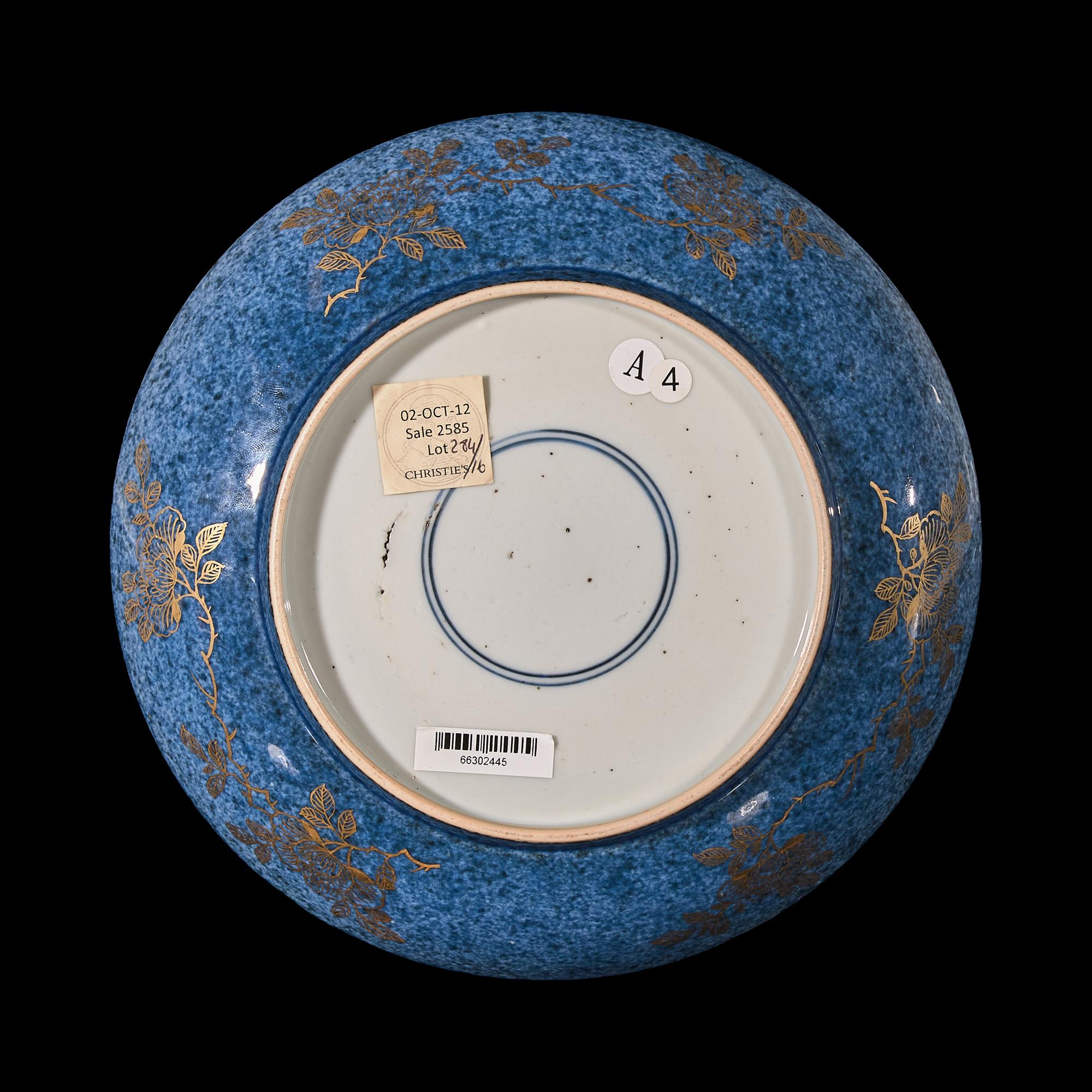 A Gilt Decorated Powder Blue Ground 'Fishes' Dish, 18th Century 清中期 藍地描金魚藻紋賞盤