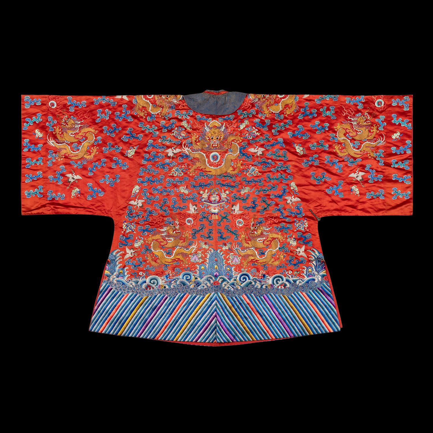 A Chinese Red Ground Embroidered Silk Dragon Robe, Late 19th-20th Century 晚清-民國 紅緞地龍袍