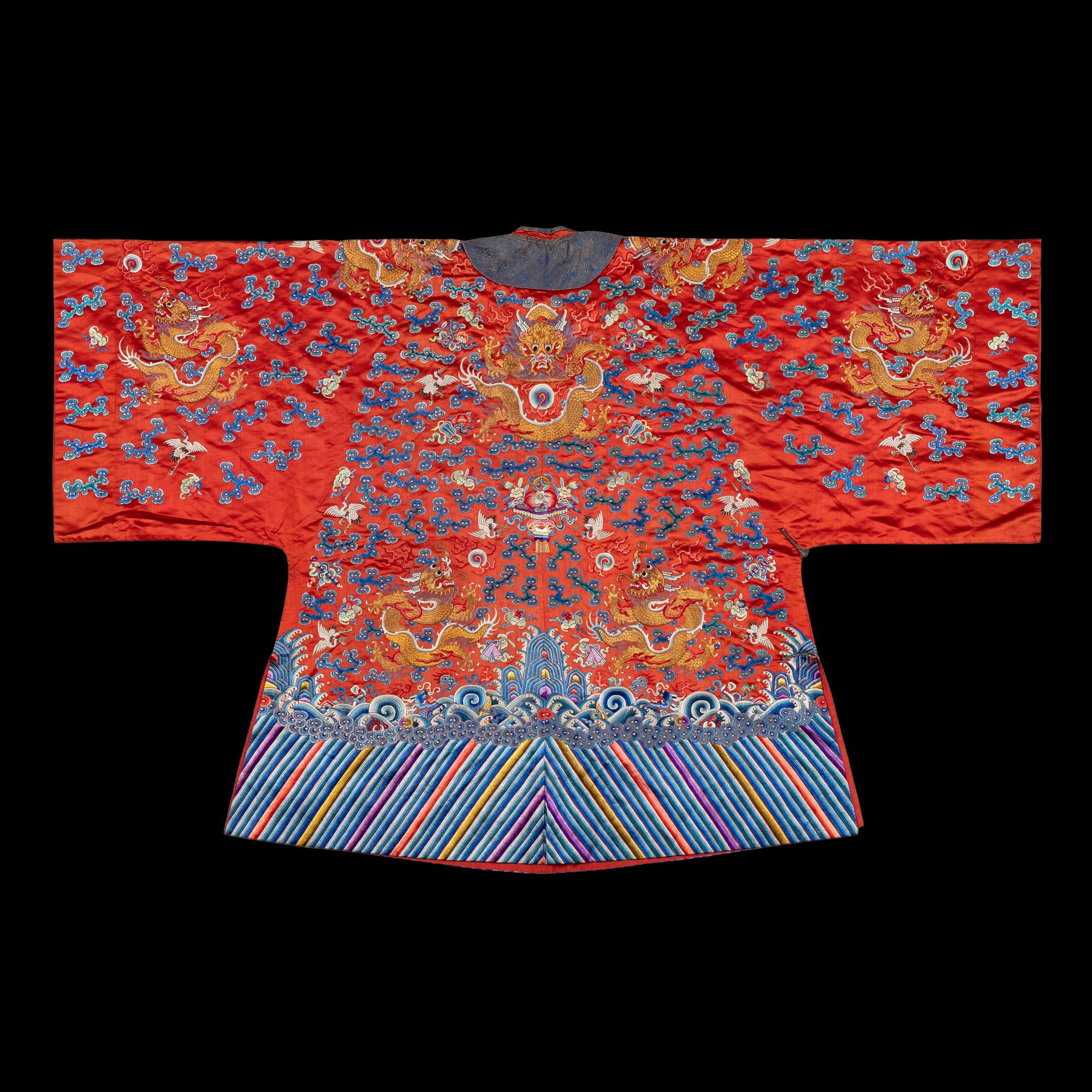 A Chinese Red Ground Embroidered Silk Dragon Robe, Late 19th-20th Century 晚清-民國 紅緞地龍袍