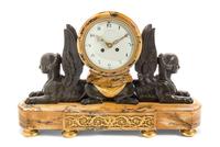 A French Marble and Patinated Bronze Mantel Clock, Tiffany & Co., Width 21 inches.